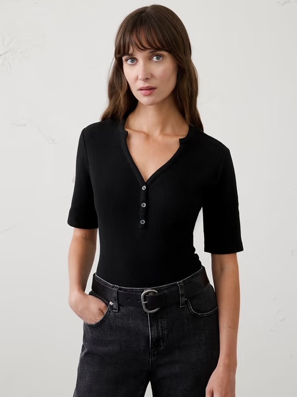 Banana Republic Ribbed Henley Fitted Tee, Black, Sz M (Fitted 2-4), BNWT